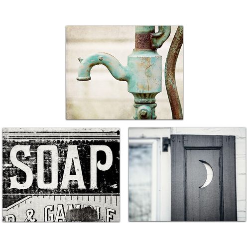 LISA RUSSO FINE ART - Rustic Bathroom Wall Art Set of 3 SMALL 5x7” Prints - Unframed - Country Farmhouse Bath Decor - Teal, Blue, Black - Soap, Outhouse Moon, Water Pump