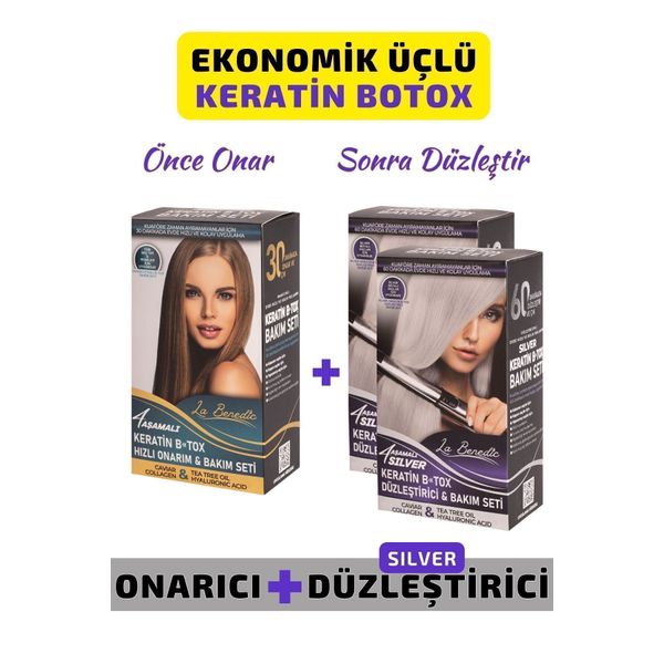 EKONOMİK 3'LÜ SILVER KERATİN BOTOX ONARICI VE DÜZLEŞTİRİCİ FULL SET (SILVER VE AÇIK SARI RENKLİ SAÇ