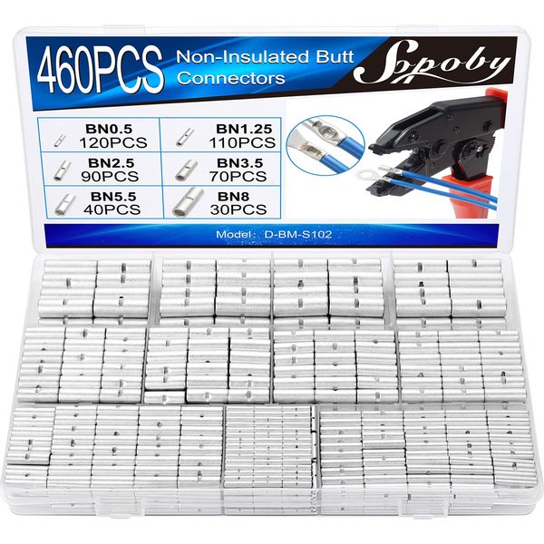 460PCS Non Insulated Butt Connectors Kit, Sopoby Butt Splice Connectors, 24-8 Gauge Uninsulated Wire Connectors of Tinned Red Copper, Electrical Crimp Terminals