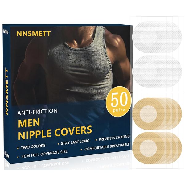 Nipple Covers Men,100Pcs (50 Pairs) Anti-Chafing Nipple Covers for Men, No-Show Mens Nipple Guard Tape for Running, Sports, and Daily Wear (Beige 25 Pairs + White 25 Pairs)