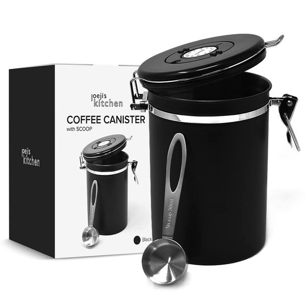 joeji's Kitchen Coffee Beans Storage Container Jar - 1800ml Stainless Steel Coffee Canister and Measuring Scoop & Date Dial - Keeps Coffee Grounds Fresh and Air Tight - Black