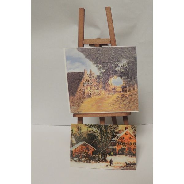 ARTIST EASEL MADE OF WOOD WITH TWO PAINTINGS  MINIATURE  1:18 SCALE NEW !