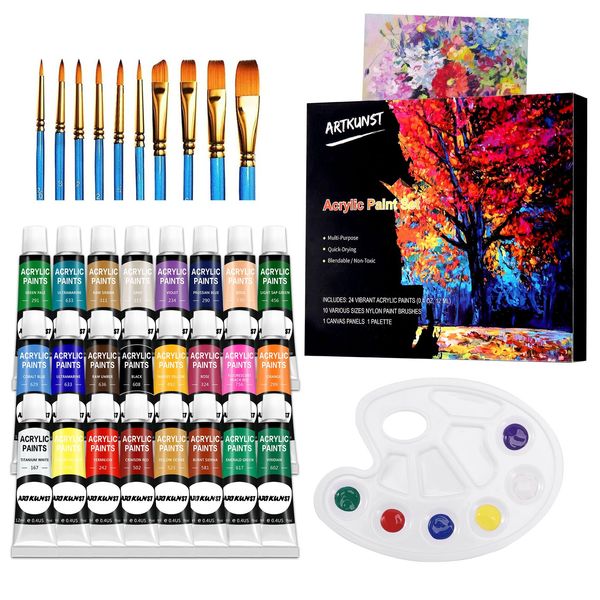 ARTKUNST Acrylic Paint Set, 24 Rich Pigment Colors with 10 Art Brushes for Painting Canvas, Wood, Ceramic & Fabric, Rich Pigments Lasting Quality for Beginners, Students & Professional Artist