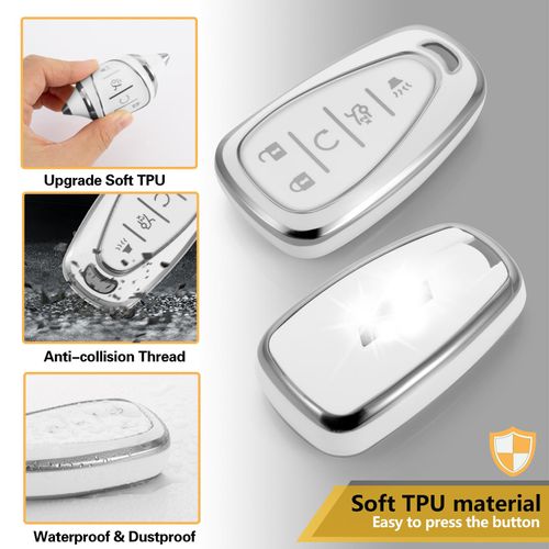 CTRINEWS for Chevy Key Fob Cover with Metal Braided Rope Keychain, Upgraded Soft Case for Malibu Equinox Blazer Cruze Camaro Traverse Volt Bolt Sonic (5 Buttons) Shell (Silver,B1)