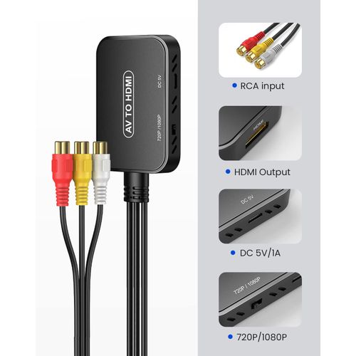 Viagkiki RCA to HDMI Converter, AV to HDMI Adapter with Cable, Composite Audio Video Converter for PS1, PS2, PS3, STB, Xbox, VHS, VCR, Black-Ray DVD Players