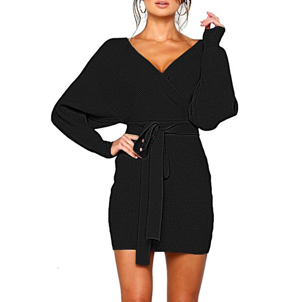 Mansy Women's Sexy Cocktail Batwing Long Sleeve Backless Mock Wrap Knit Sweater Mini Dress (L, Black)