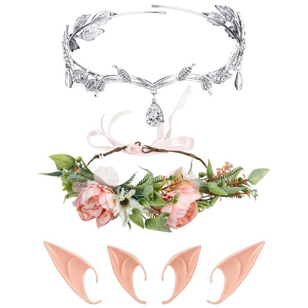 WILLBOND 2 Sets Elf Ears with Headband Rhinestone Leaf Wedding Tiara Bridal Tiara Crown Flower Headbands and 2 Pairs Fairy Ears Cosplay Accessories for Women Girls Wedding Prom Birthday Halloween