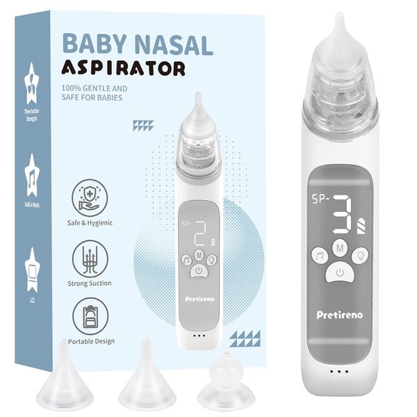 Electric Nasal Aspirator, Baby Nose Sucker, Nose Cleaner for Toddlers with 3 Silicone Tips, 3 Suction Levels, Music & Light Soothing Function