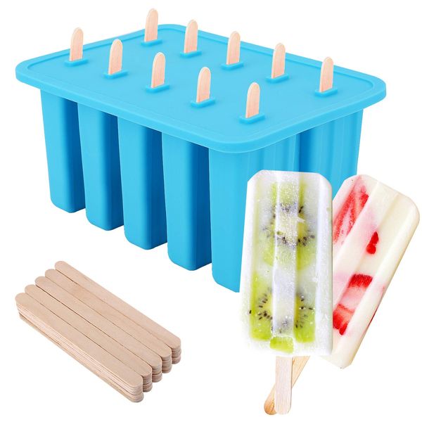 Nuovoware Ice Cube Tray, Ice Pop Mold, 10 Pieces, DIY Molds Popsicle Mold, Ice Making Tools, Silicone, FDA Certified, Cold and Heat Resistant, Includes 100 Popsicle Sticks with Lid, Popsicle Mold,