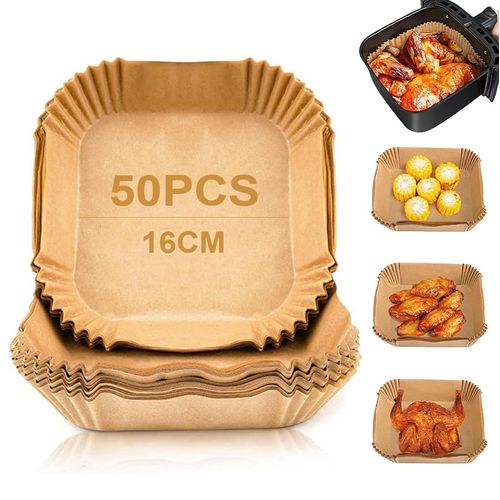 Youery Carta Forno Per Friggitrice Ad Aria 50 Pezzi, 16 x 16 x 4,5 cm Carta Air Fryer Quadrata,Antigrasso Antiaderente Fodera in Carta Monouso per Air Fryer, Forno, Padelle, Microonde