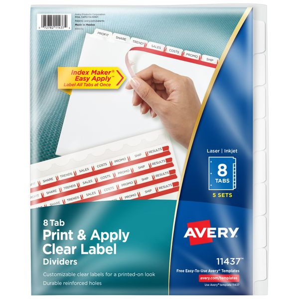 Avery 8 Tab Dividers for 3 Ring Binder, Easy Print & Apply Clear Label Strip, Index Maker Customizable White Tabs, 5 Sets (11437)