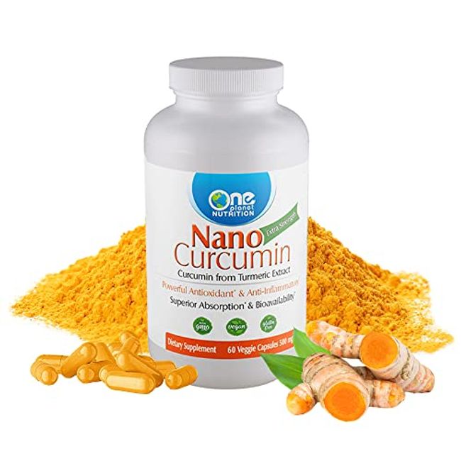 One Planet Nutrition Nano Curcumin 500 mg, Turmeric Curcumin Water Soluble Supplements, Nanoparticle-encapsulated Curcumin, Better Absorption, Turmeric Capsules - 60 Veggie Capsules