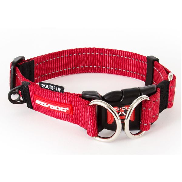 EzyDog Double Up Premium Nylon Dog Collar with Reflective Stitching - Double D-Rings for Superior Strength, Safety, and Comfortability - Non-Rusting and Includes an ID Attachment (Large, Red)