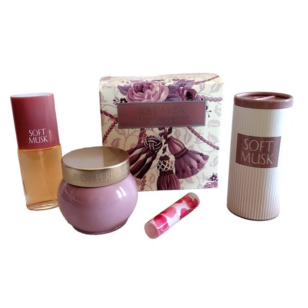 Avon Soft Musk Cologne, Talc Powder, Skin Softener & Lip Balm Set