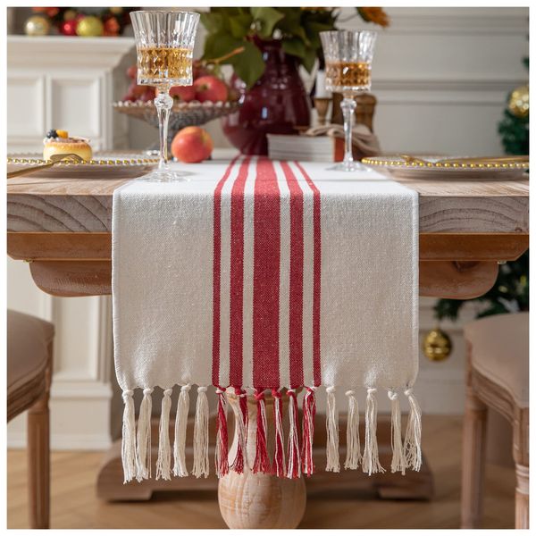 Christmas Table Runner 13 x 72 Inch for Dining Table, Boho décor Coffee Table Runner with Handcrafted Tassels, red and Beige Stripe Table Runner for Holiday, Winter