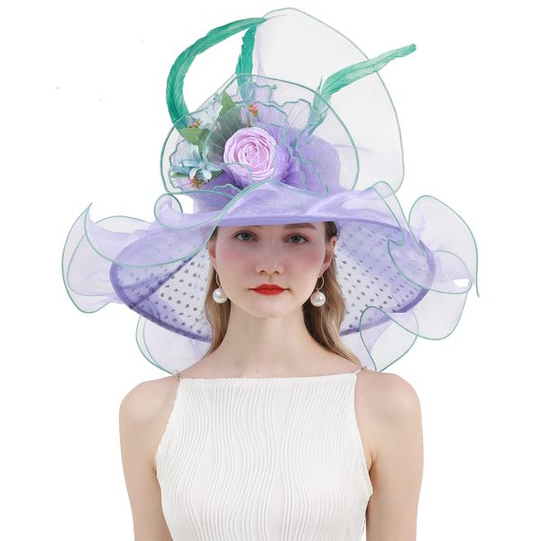 Z&X Women Organza Derby Hat Rose Flower Wedding Tea Party Fascinator Hat Wide Brim Sun Caps Purple