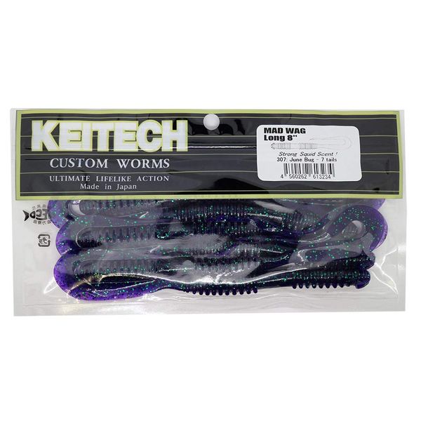 Keitech Mad Wag Long Soft Plastic U-Tail Worm - Junebug, 8 inch