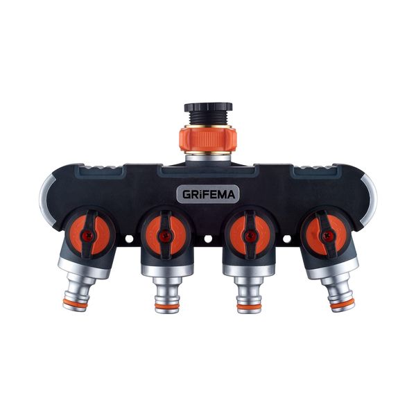 GRIFEMA GE1401-4 Garden Hose Splitter 4 Way, Double Hose Connector, Y Valve Water Tap Splitter, 3/4"and 1/2" Tap Distributor for Outdoor Tap and Garden Hoses, Orange / Black