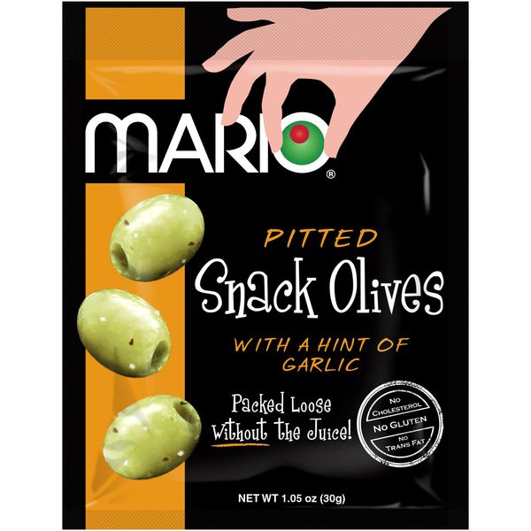 Mario Camacho Foods Pitted Snack Olives - Green Olives with a Hint of Garlic - 1.05 oz Pouches (Pack of 12)