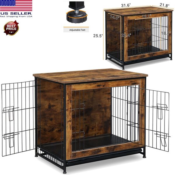 Dog Kennel Furniture Indoor Wooden Cage House Pets Crate Double Doors w/ Cushion