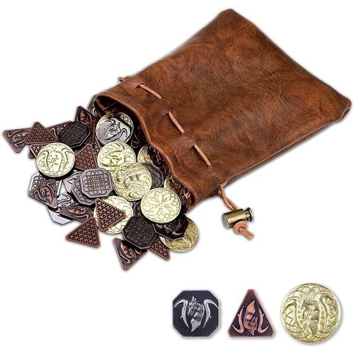 Byhoo 60PCS DND Coins with Leather Pouch, Gold, Silver and Copper Coins in Metal Coins, Fantasy Coins for Board Games, Fake Coins for Games Tokens, Role-Playing Coins of Dungeons and Dragons