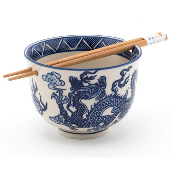 Happy Sales, Multi Purpose 5" D Ramen Udon Soba Pho Noodle Donburi Rice Tayo Bowl with Chopsticks (BlueDragon)