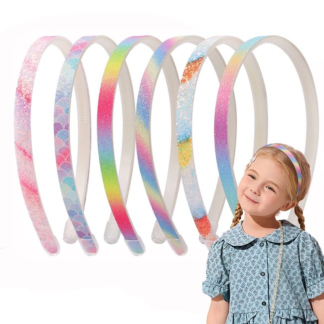 Nenjindz Regenbogen-Stirnbänder für Mädchen Frauen Glitter Stirnbänder,Pailletten Stirnbänder für Kinder Regenbogen Alice Bands Mehrfarben Kunststoff Stirnbänder Glitter Mädchen Haarschmuck(6 Stück)