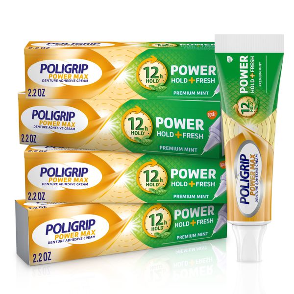 Super Poli-Grip Power Max Power Hold + Fresh Denture Cream, Premium Peppermint - 2.2 oz x 4