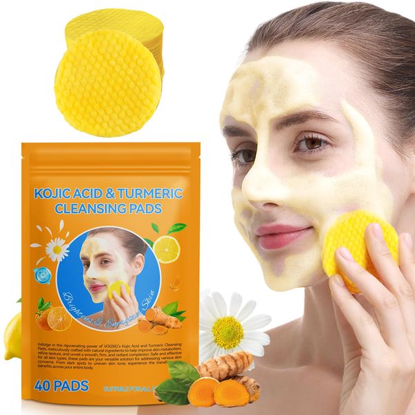 Turmeric Kojic Acid Cleansing Pads,40 Stück Kojic Acid Cleansing Pad,Kurkuma-Kojic-Säure-Reinigungspads,Compressed Turmeric Kojic Acid Pads for Face Cleansing and Exfoliating