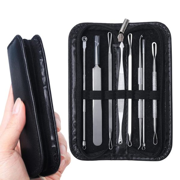 Blackhead Remover Tool 7Pcs Pimple Popping kit, Comedone Extractor Acne Removal Kit for Blemish, Whitehead Popping, Zit Removing for Nose Face with Leather Case (Cover - Black)