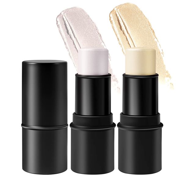 Mimore 2 colors Highlighter Stick, Highlighter Makeup, Shimmer Cream Powder Waterproof Light Face Cosmetics, On-the-Go Longwear Highlight Pen, Blends Easily Face Body Makeup, Creamy Texture(#1+#2)