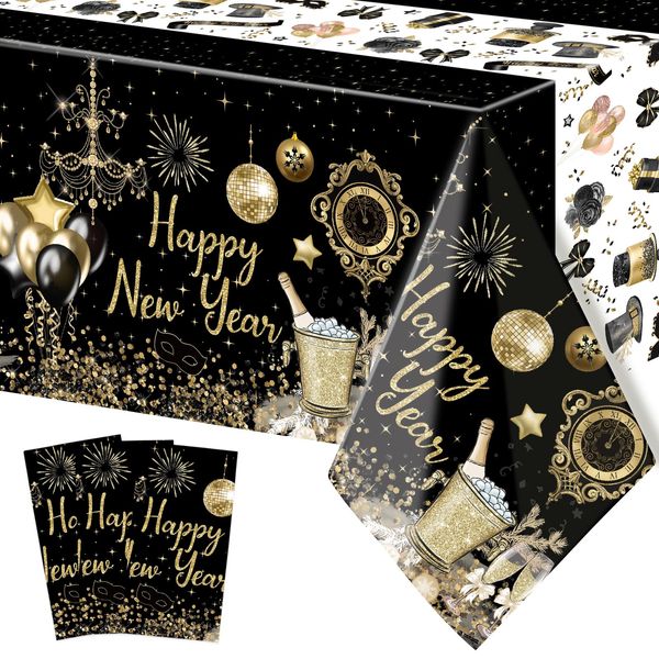 ceiba tree Happy New Year Decorations 2024 Tablecloths 3 Pack New Years Eve NYE Party Supplies Disposable Plastic Tablecovers 54 x 108 Holiday Party Decor Rectangular Table Covers