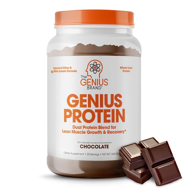 Genius Protein Powder, Chocolate - Dual Protein Blend with Improved Whey Isolate & Natural Egg White for Lean Muscle Building for Men & Women - Grass-Fed Pre & Post Workout Meal Replacement Shake