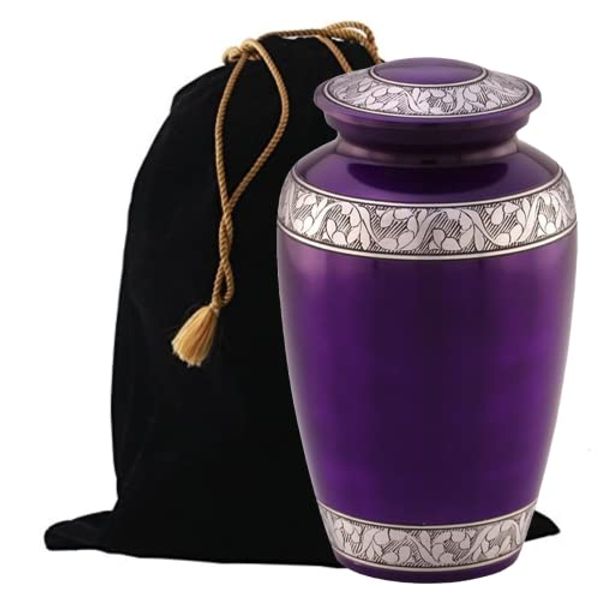 Mulberry with Silver Band Cremation Urn for Human Ashes - Funeral Urn Handcrafted - Affordable Urn for Ashes - Large Urn with Bag