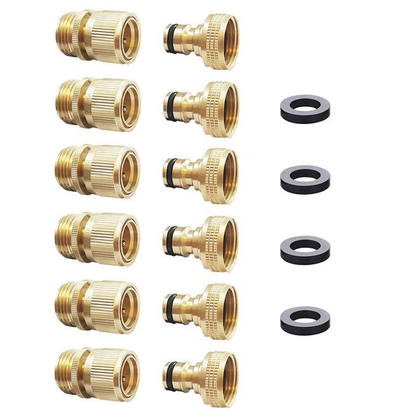 Garden Hose Quick Connector Water Hose Qucik Connect Garden Hose Connectors Brass Hose connectors Water Quick Connect Fittings 3/4" Inch GHT Solid Brass 6 Sets(6pcs Male Coupling 6pcs Female Nipple)