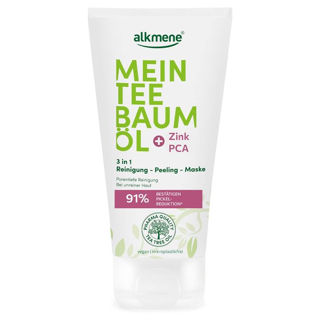 alkmene Mein Teebaumöl 3in1 Reinigung Peeling Maske 150 ml Pickel Reduktion 91% bestätigt - naturreines Teebaumöl, vegan & klimaneutral - Gesichtspeeling für unreine Haut - Peeling Gesicht