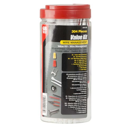 Gardner Bender EVK-003 Assorted Electrical Project Kit includes Tools, Tester, Twist-on Wire Connectors, Cable Ties, Staples and Tape in Reusable Canister