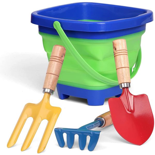 Collapsible Beach Bucket Metal Shovel Rake Set for Kids Adults, Foldable Bucket Sand Garden Outdoor Toy Silicone Pail Camping Travel Tools Gear Accessories Birthday Gifts for Kids (4 Pack)