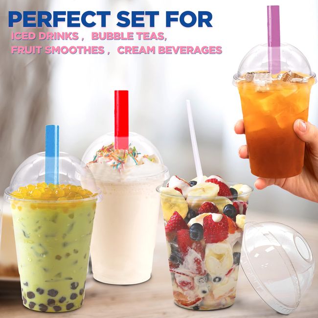 16 oz. Clear Cups with Dome Lids, for Milkshake, Smoothies, Iced Coffee, Boba, Bubble Tea Disposable Cup, 50 Cups and lids