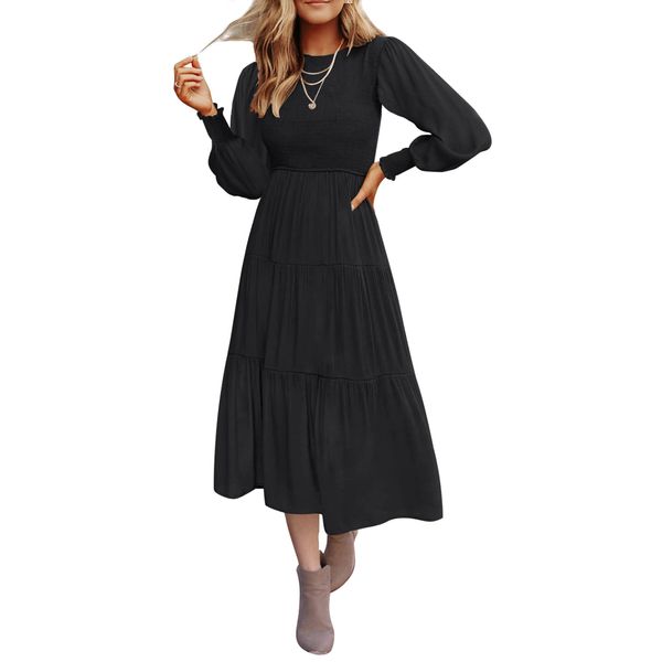 ZESICA Women's 2024 Casual Long Sleeve Crew Neck High Waist Smocked Flowy Tiered Midi Dress,PureBlack,Large