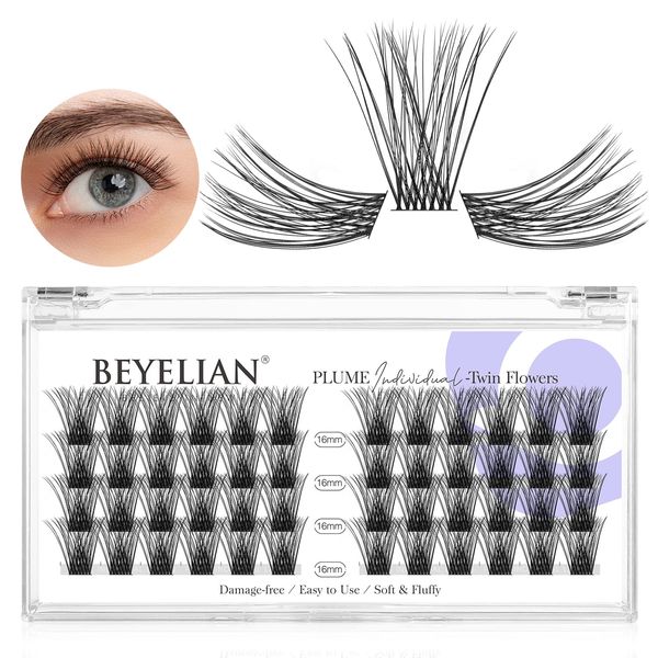 BEYELIAN Einzelne Wimpern, C Curl Cluster Wimpern, Cluster Lashes 48 Pcs 0.07mm 16mm DIY Wimpern Extensions Individual Lashes zu Hause Super Dünnes Schwarz Band (Twin Flowers)