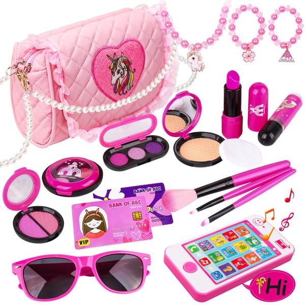 Pretend Play Makeup Set 19pcs - Fake Cosmetic Toys Kit with Pink Purse, Smartphone, Sunglasses, Birthday Gift for Little Girls