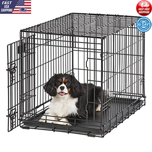 Indoor Folding Dog Crate Leak-Proof Metal Divider Panel, Plastic Tray Pet Crate