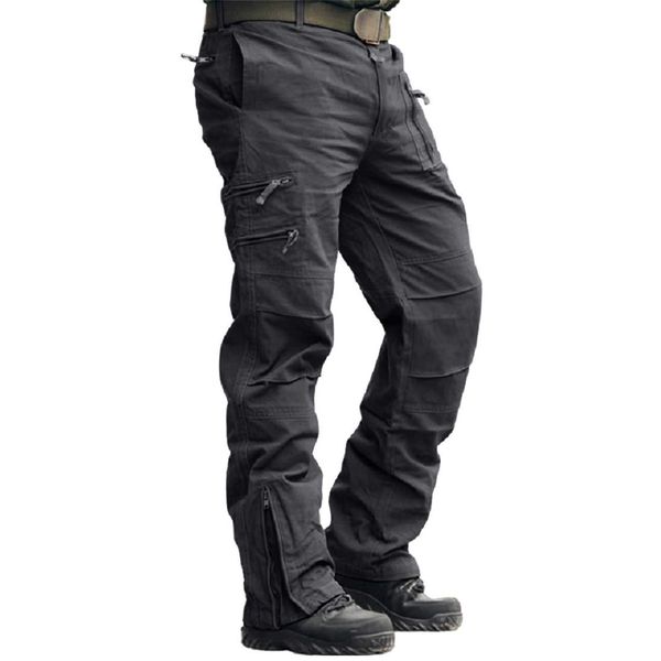 CRYSULLY Men's Casual Trousers Cotton Wild Cargo Pant Combat Wear Work Pants with Zipper Assault Pants Grey