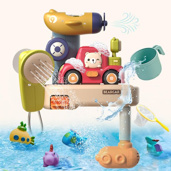 Suebah Baby Bath Shower Head Toys with Car and Toddler Shower Head with Submersible Water Pump Baby Water Toys Kids Bathtub Toys for Toddlers 3-5 Baby Shower Birthday Gift