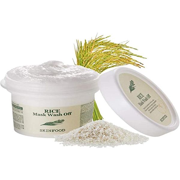 SKINFOOD Mask Rice 100g - White Rice Exfoliating Scrub Wash Off Face Masks for Darken Skin - Facial Cleanser, Pore Exfoliator, Brighten and Soften Body Skin - Safe For Men and Women (3.52 oz)