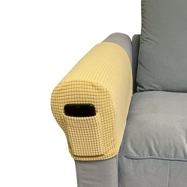 Skybook Armrest Chair Covers with 1 pocket Stretch Armchair Couch Arm Rest Cover Anti-Slip Spandex Polyester Sofa Chair Arm Caps Slipcovers for Furniture Protector Set of 2 (Beige Yellow)