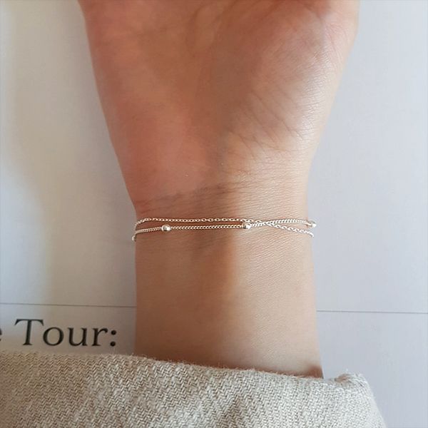 [Free Shipping] 925 Silver Double Row Layered Chain Silver Ball Women&#39;s Silver Bracelet