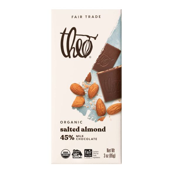 Theo Chocolate Salted Almond Organic Milk Chocolate Bar, 45% Cacao, 12 Pack | Fair Trade