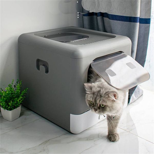 Large Corner Cat Litter Box Hooded Cats Easy Cleaning Toilet Front&Top Entry